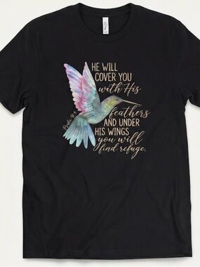 Love in  Black Short Sleeve Tee with Pastel Hummingbird and Inspirational Script